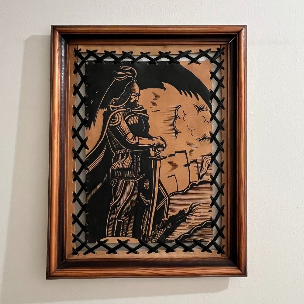 Kyrgyz Tooled Leather Wall Art w/ Wood Frame - Warrior Manas w/ Sword